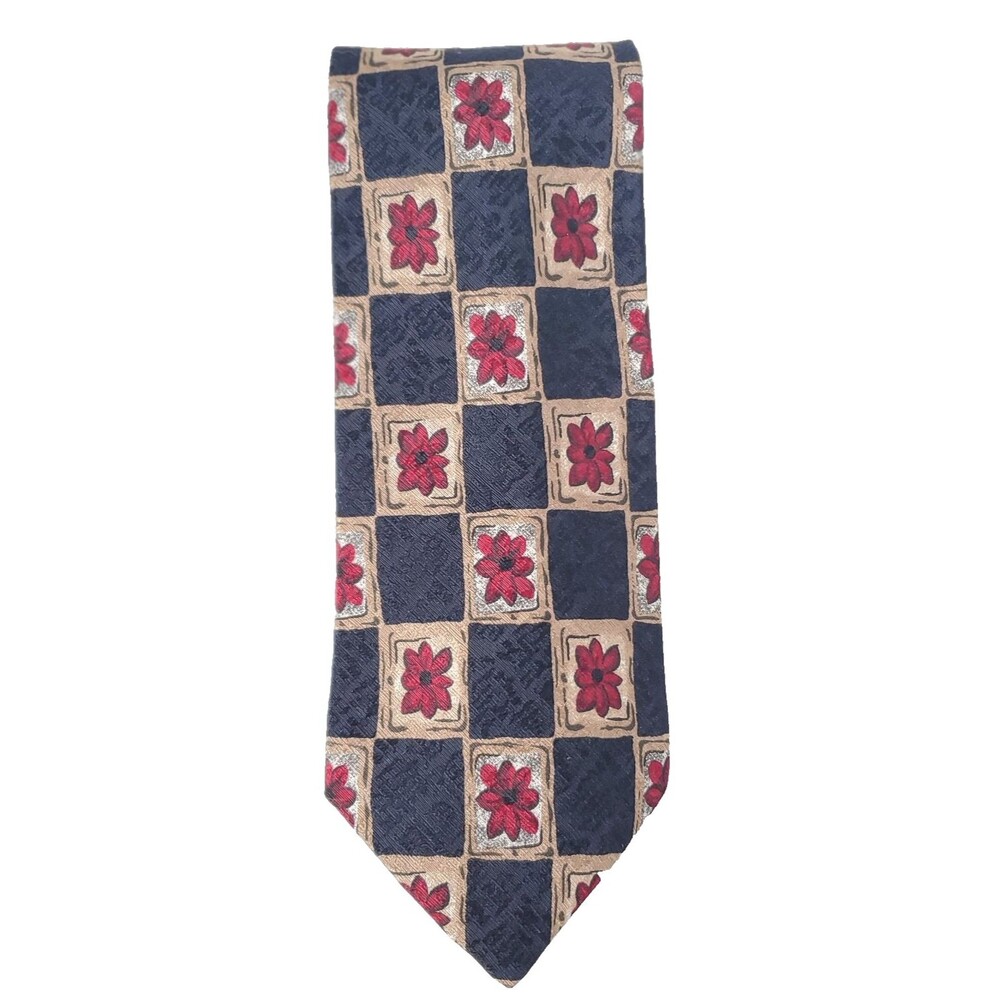 Geoffrey Beene Men's Necktie Navy Blue Red Flowers 4 inches Wide Work